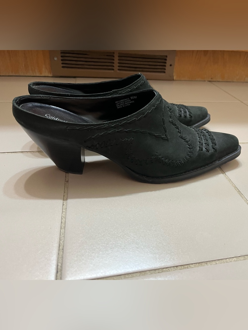 Coldwater Creek Black Suede Slip-On Mule Heels with Decorative Stitching